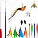 Interactive Cat Wand Toy Set – 2 Retractable Wands (37" & 49") with 11 Refills Attachments – Feather Toys, Plush Bird, Worms, Insect & Swallow – Cat Teaser Toys for Indoor Cats & Kittens
