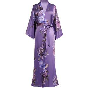 BABEYOND Women's Kimono Robe Long Satin Silky Floral Lightweight Bridesmaid Wedding Bachelorette Party Robe (Purple)