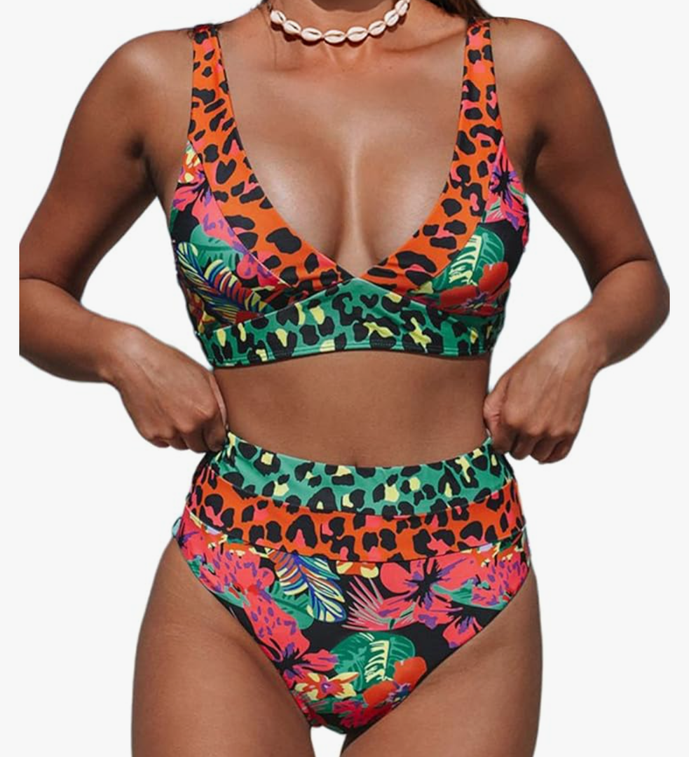 Hilinker Women's Leopard Bikini Swimsuits V Neck High Waisted 2 Piece Bathing Suits XL