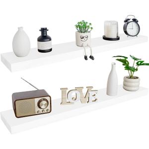 BGMG Wood Floating Shelves for Wall 54 inch Set of 2,White Floating Shelves,Solid Wood Wall Mount Shelves for Bathroom Living Room Bedroom Kitchen Farmhouse -54x 6.7 x1.75 inch
