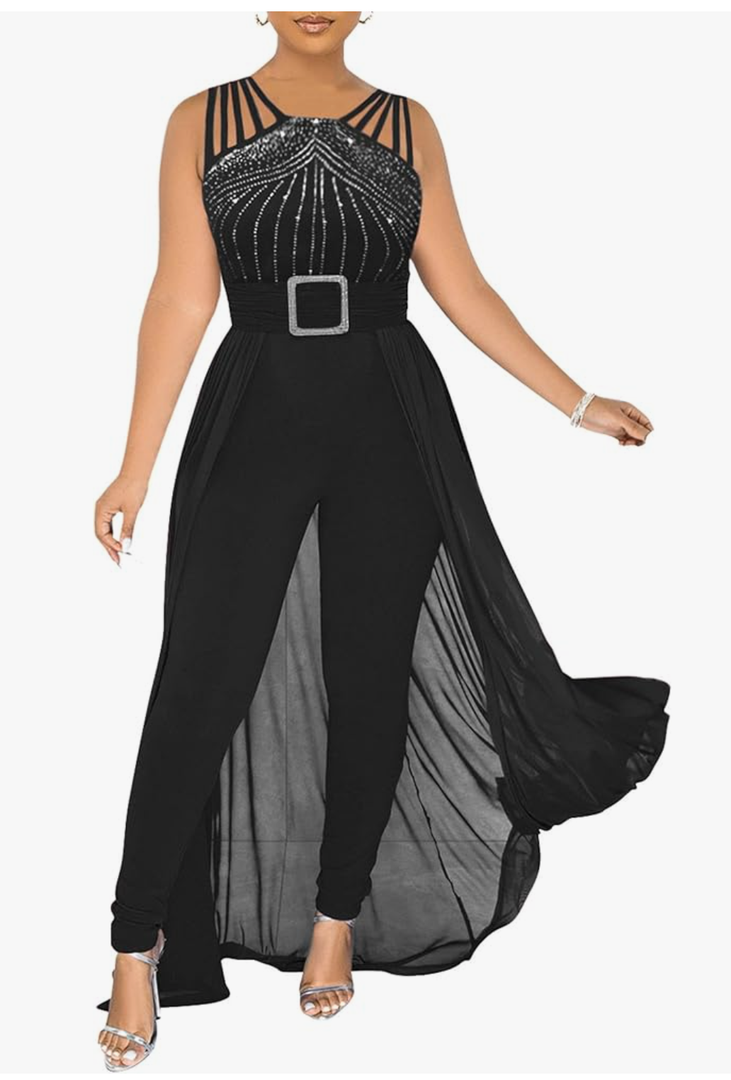 chicyes Womens One Piece Elegant Overlay Jumpsuit Dressy Sexy Bodycon Formal Sleeveless Rhinestone Romper Party Outfits XXXL
