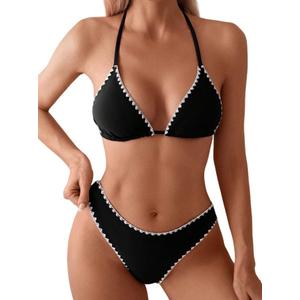Women's Sexy Solid Color Lace Triangle Bikini Set, Halter Adjustable Ties Backless Two-Piece Swimsuit, Size S