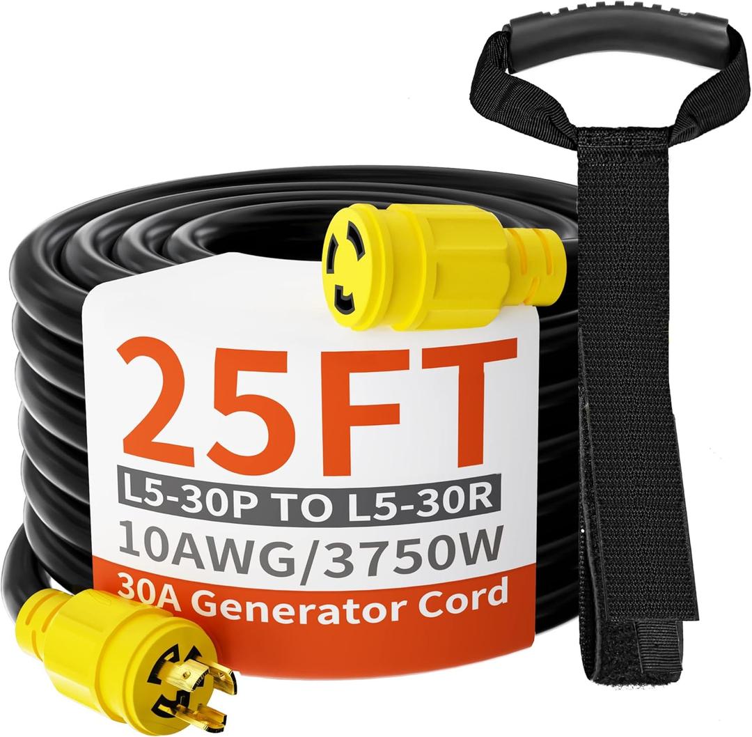 huanchain 3 Prong 30 Amp Generator Cord 25 Feet Heavy Duty,NEMA L5-30P/L5-30R 10 Gauge 125V SJTW Yellow Lock Generator Extension Cord Waterproof, ETL Listed