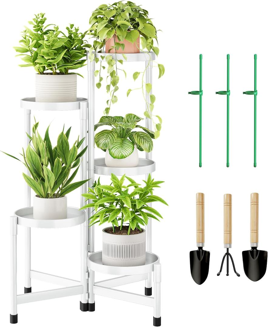 5 Tier Metal Plant Stand Indoor, Rotatable Corner Plant Shelf Outdoor, Tiered Flower Pot Display Stand, Multiple Plants Holder for Patio Living Room Balcony Garden Home Decor - White
