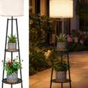 VISFLAIR Outdoor Solar Floor Lamp with 2-Tier Plant Stand, Cordless 46'' Tall Standing Patio Light with White Shade & Edison Bulb, Waterproof Metal Display Shelf for Porch, Deck, Balcony Garden Decor