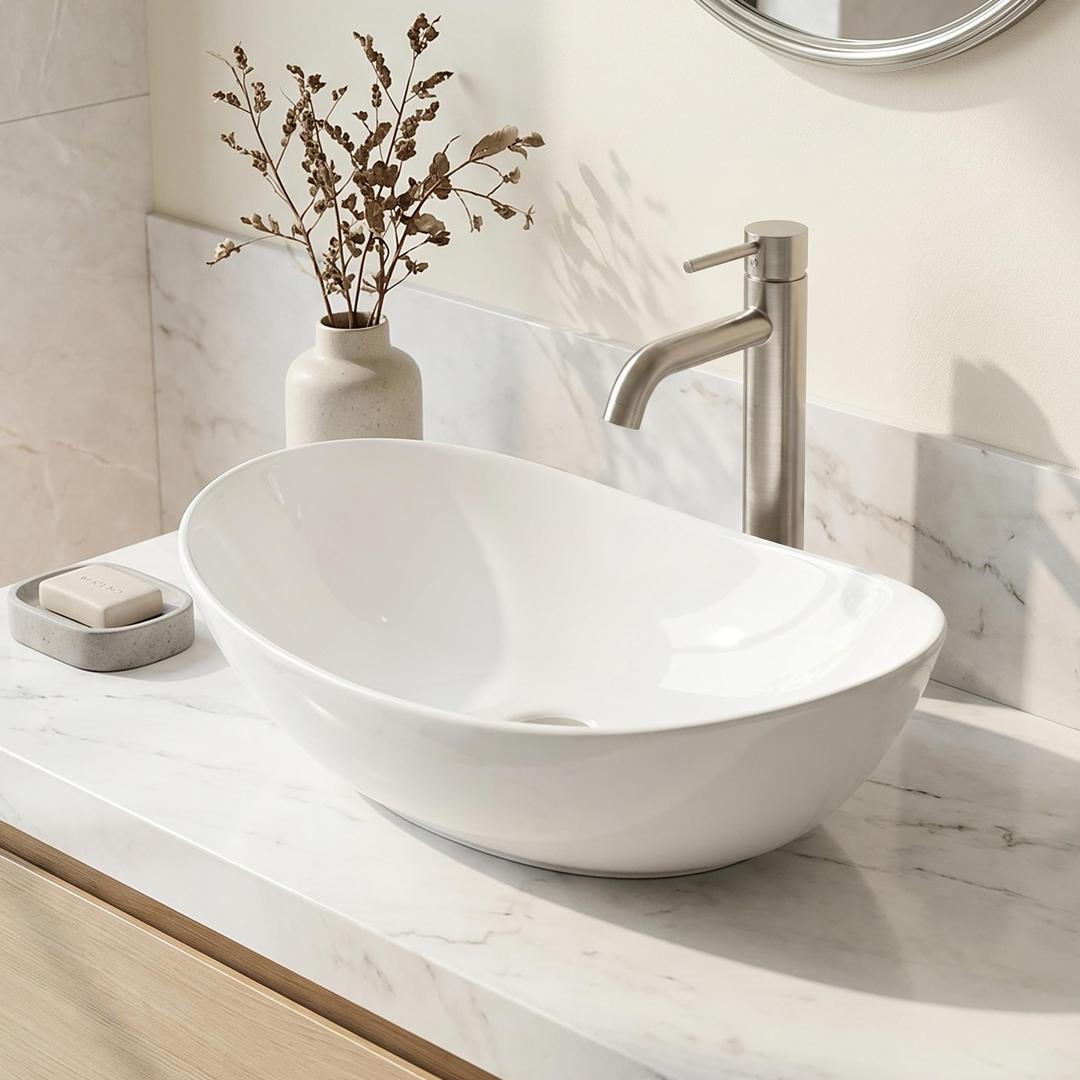 KES 20" x 13" Oval Vessel Sink for Bathroom Vanity Countertop, Glossy White Ceramic Bathroom Sink Bowl Above Counter, Boat Shape, Modern Look, Crafted to Endure, BVS139
