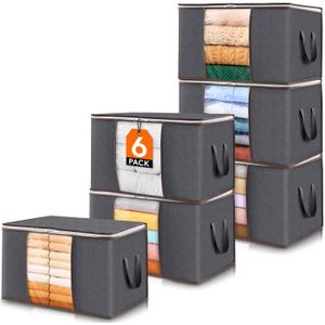Lifewit 6 Pack Clothes Storage Bins with Lids, Foldable Blanket Storage Bags with Zippers, Clear Window and Reinforced Handles, Closet and Organization for Clothing, Sweater, Comforter, Bedding, Gray