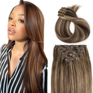 26 Inch P427 Blonde Clip in Hair Extensions,Soft Real Human Hair 120g 7pcs,Brazilian Remy Highlight Clip ins for Women,Brown Clip ins Silky Straight Hair Extensions