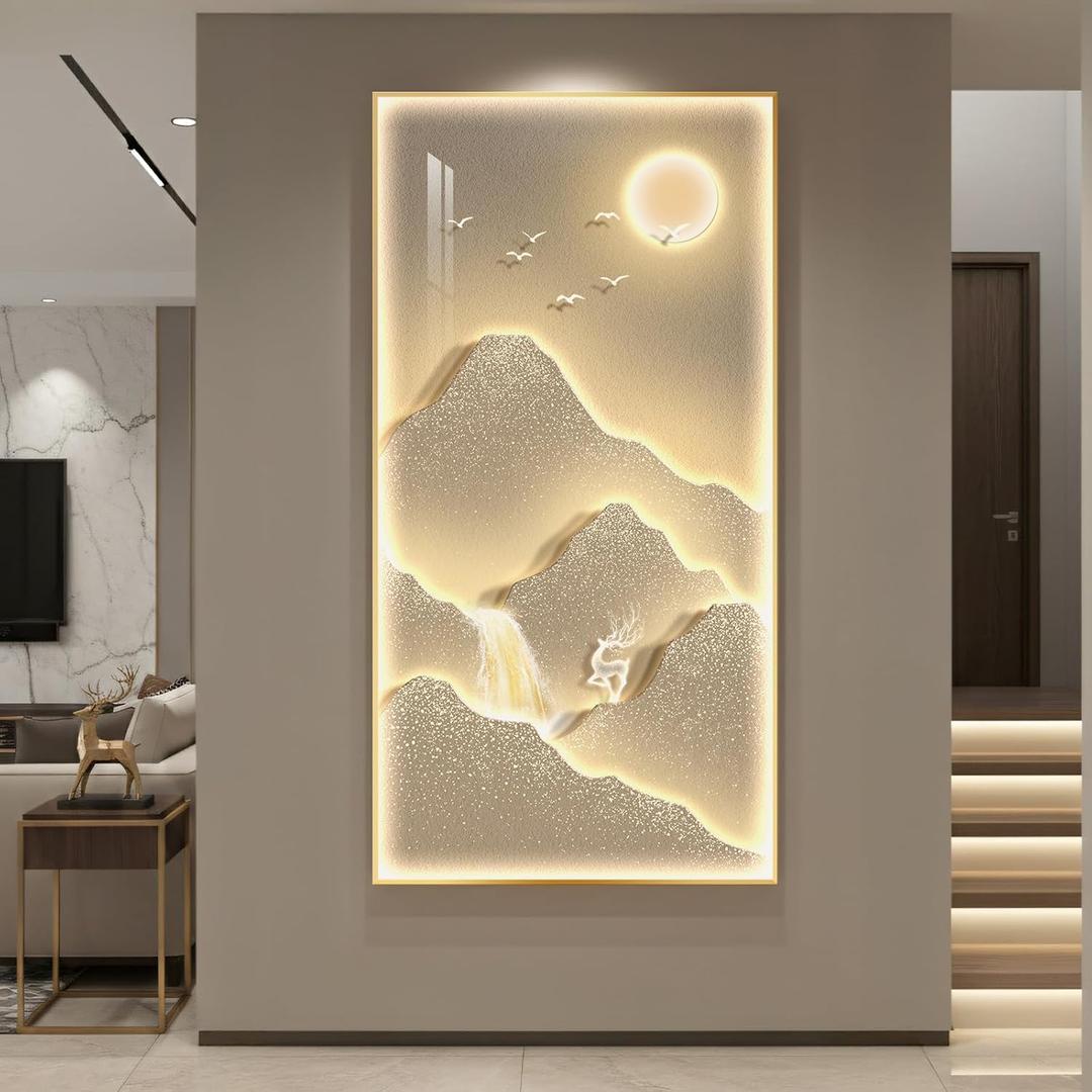 Framed LED Mountain Wall Art for Living Room, Large Vertical Lighted Modern Luxury Gold Bright Sun Waterfall Artwork for Walls, Nature Landscape Backlit Wall Decor for Hallway, Entryway, Home Office, 