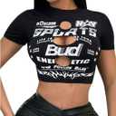 Women's Y2K Letter Print Tees Cut Out Crew Neck Crop Tops Sexy T Shirt (Black)