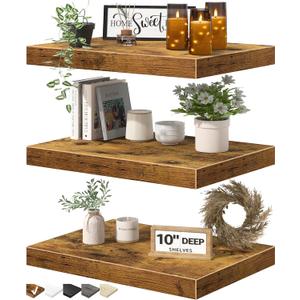 QEEIG 10" Deep Floating Shelves for Wall - 10 x 16 inch Book Shelf Bathroom Bedroom Kitchen Living Room Hanging Bookshelf Farmhouse Set of 3, Rustic Brown (025-40BN3)