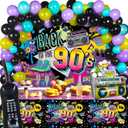 Irenare 85 Pcs 90s Party Decorations 90's Party Birthday Supplies Includes Inflatable Radio Boombox and Mobile Phone, Back to 1990s Backdrop Tablecloth, 75 Pcs Balloons for Hip Hop (90s Style)
