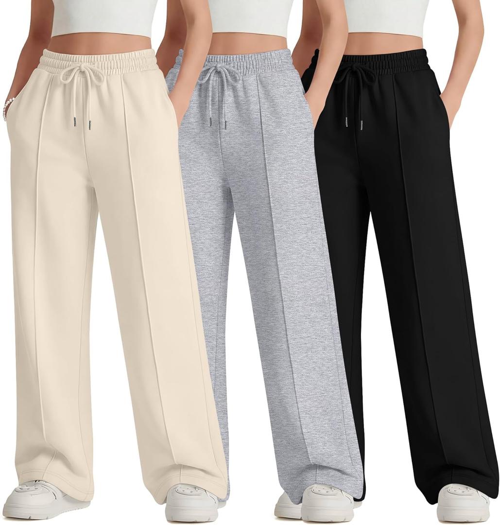 3 Pack Girls Wide Leg Sweatpants Drawstring Baggy Pants Teen Girls Athletic Joggers Pants with Pockets (11-12 Years, White, Light Heather Gray, Black)