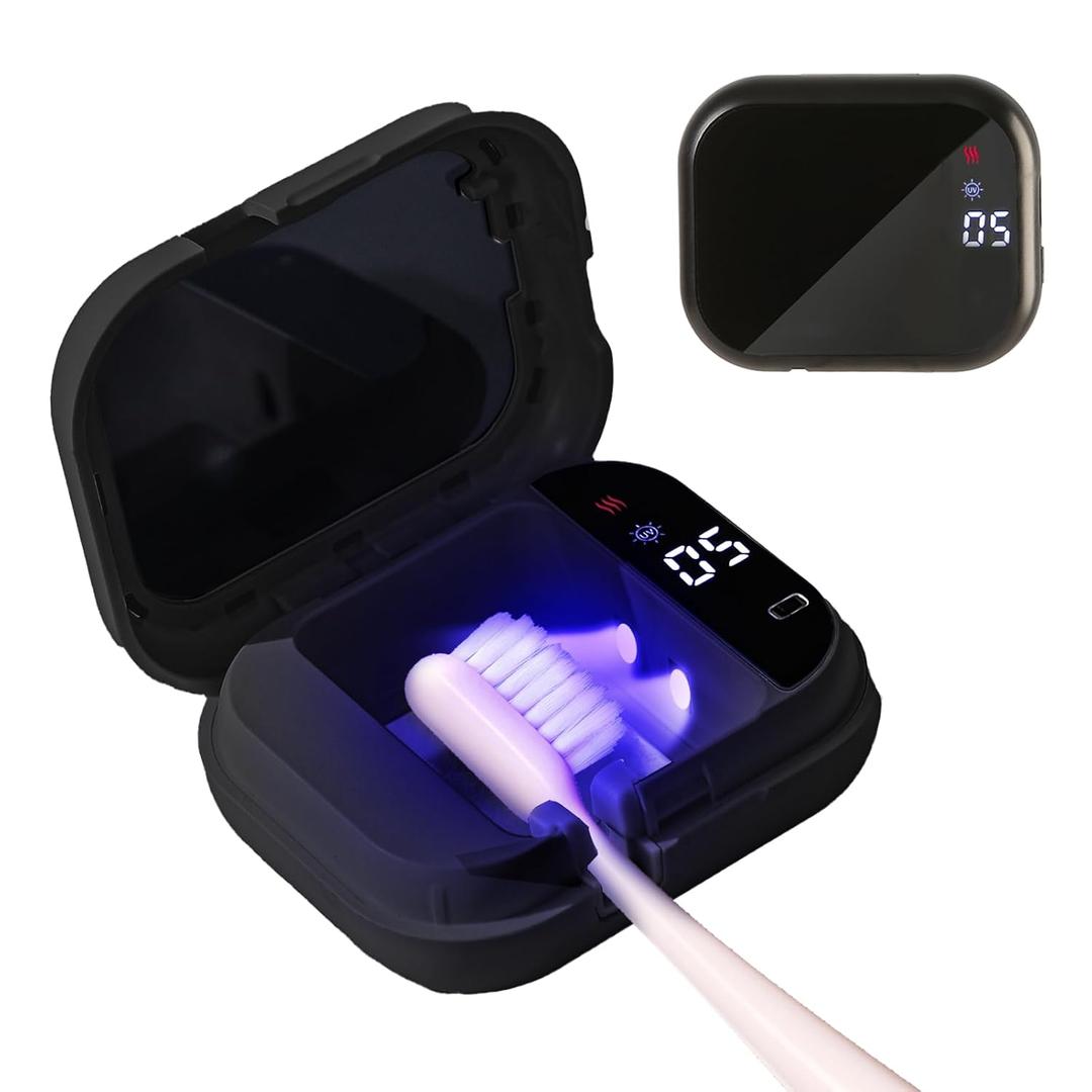 UV-C Toothbrush Cleaner, Portable Travel Cover for Manual/Electric Tooth brush, Magnetic Holder and Rechargeable Case for Any Size Toothbrush, Black