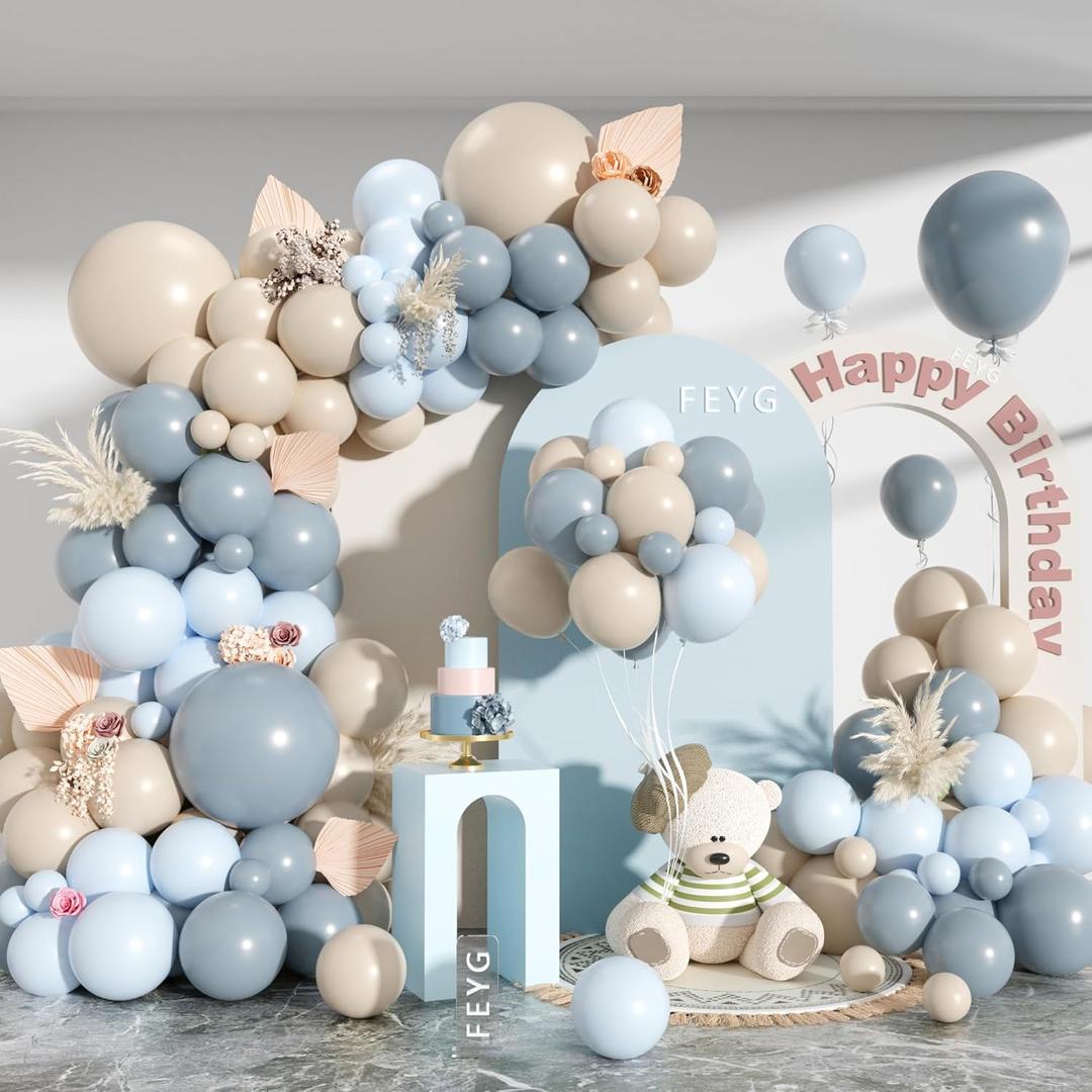Dusty Blue Sand White Balloon Garland Arch Kit, Slate Fog Baby Blue Sand White Beige Latex Party Balloons for Boys Girls Bear Theme Baby Shower Birthday Gender Reveal Bridal Wedding Party Decorations