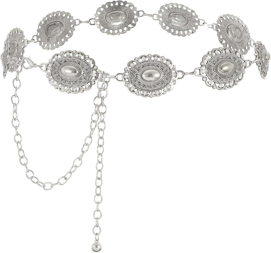 WHIPPY Women Concho Chain Belt Metal Link Western Cowgirl Turquoise Chain Belt for Dress (Fit Waist up to 52")