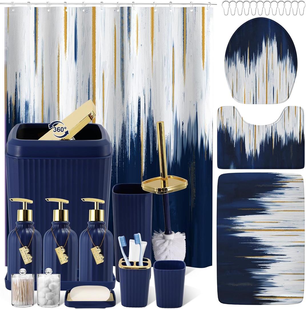 32PC Bathroom Sets with Shower Curtain and Rugs-Navy Blue Bathroom Accessories,Non Slip Bathroom Rugs Set with Toilet Lid Cover, Waterproof Shower Curtain, 3PC Soap Dispenser with Trash Can
