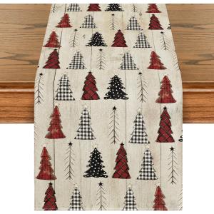 Artoid Mode Wood Xmas Tree Christmas Table Runner, Seasonal Winter Holiday Kitchen Dining Table Decoration for Home Party Decor 13x90 Inch
