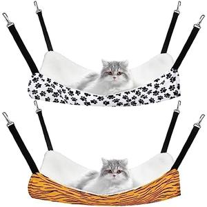 2 Pieces Reversible Cat Hanging Hammock Soft Breathable Pet Cage Hammock with Adjustable Straps and Metal Hooks Double Sided Hanging Bed for Small Dogs Rabbits(Zebra and Cat Paw Print,M)
