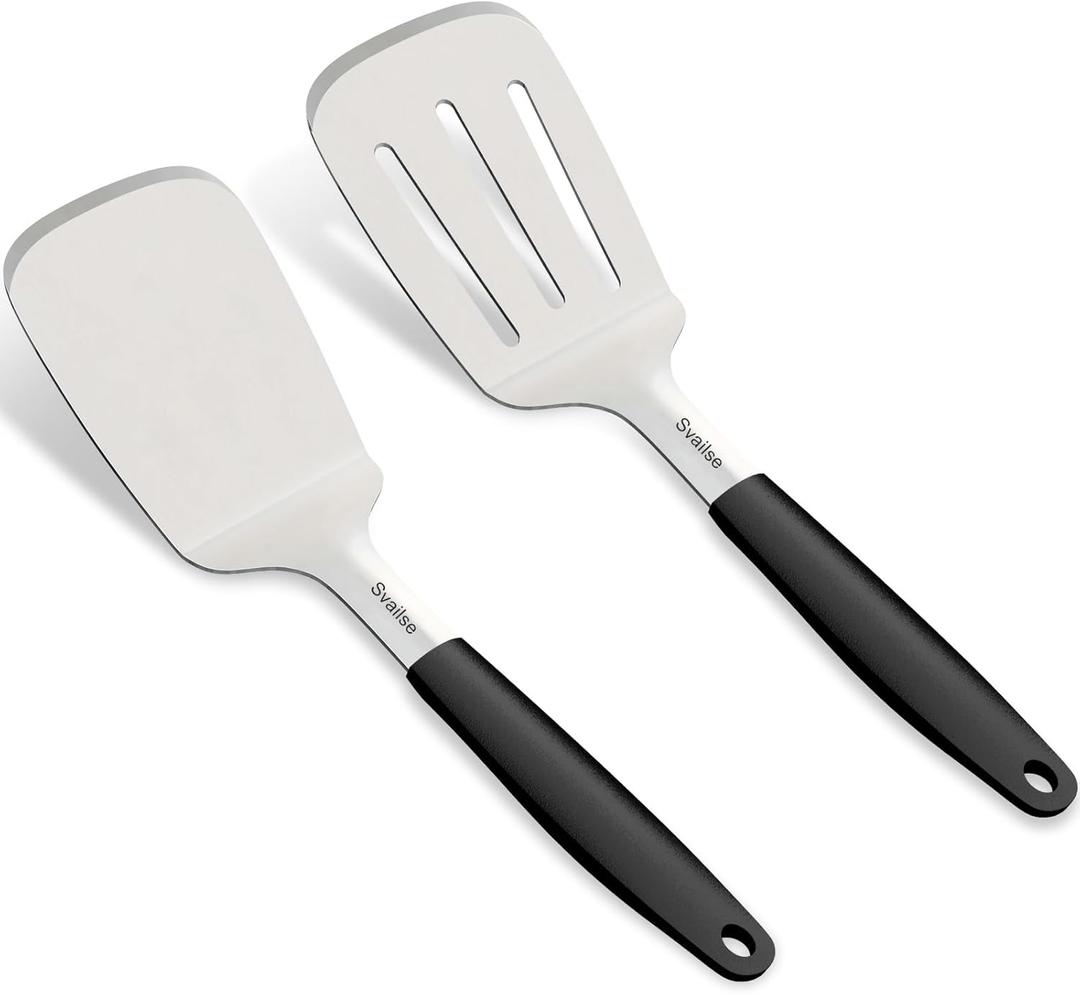 8 x 13.4 in Stainless Steel Spatula Set of 2, Heavy Duty Solid & Slotted Metal Spatula with Silicone Handle for Cast Iron Skillet, Egg, Burger and Grilling, Large