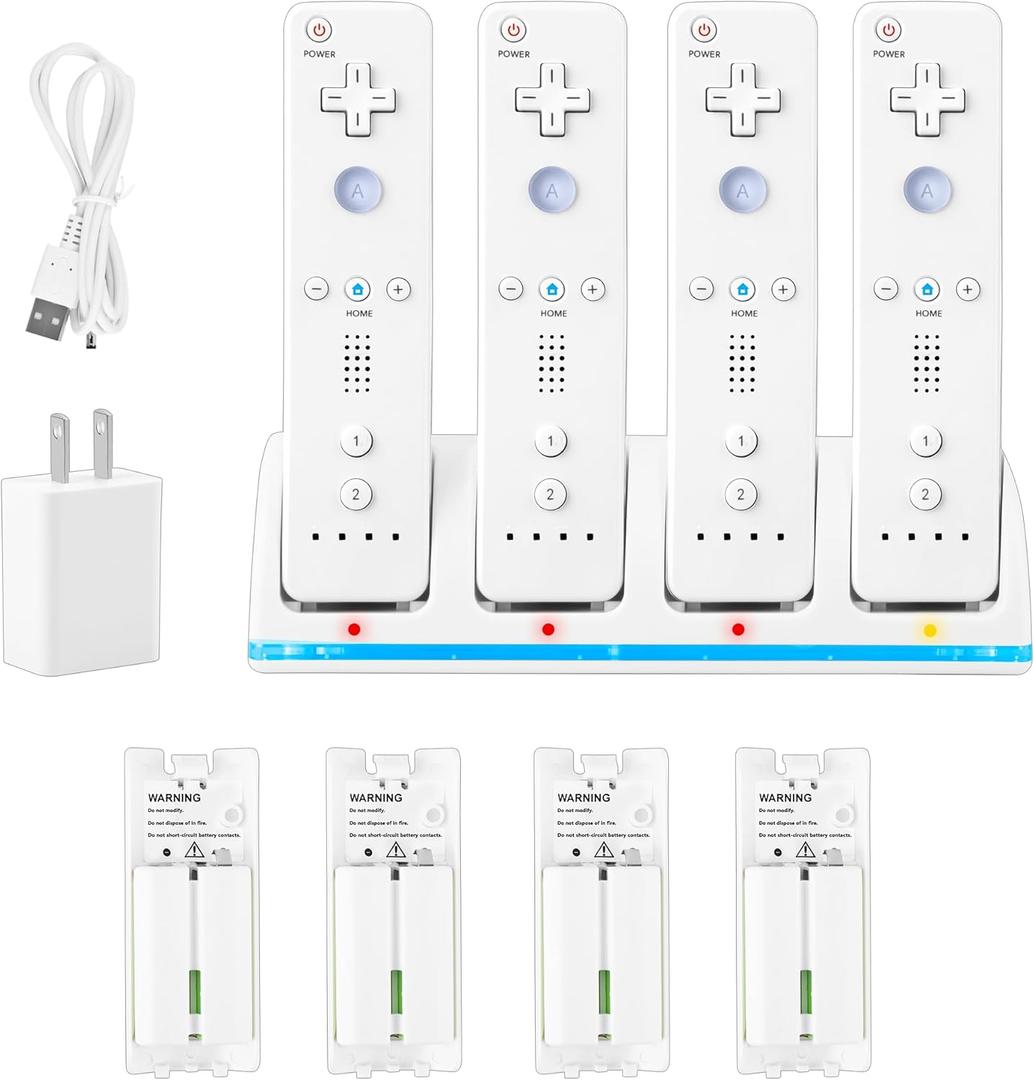 4 in 1 Wii Remote Charger,Charging Station with 4 Pack 2800mAh Rechargeable Battery,Plugs,USB Cable for Wii/Wii U Remote Controller(Not Include Controllers) (White)