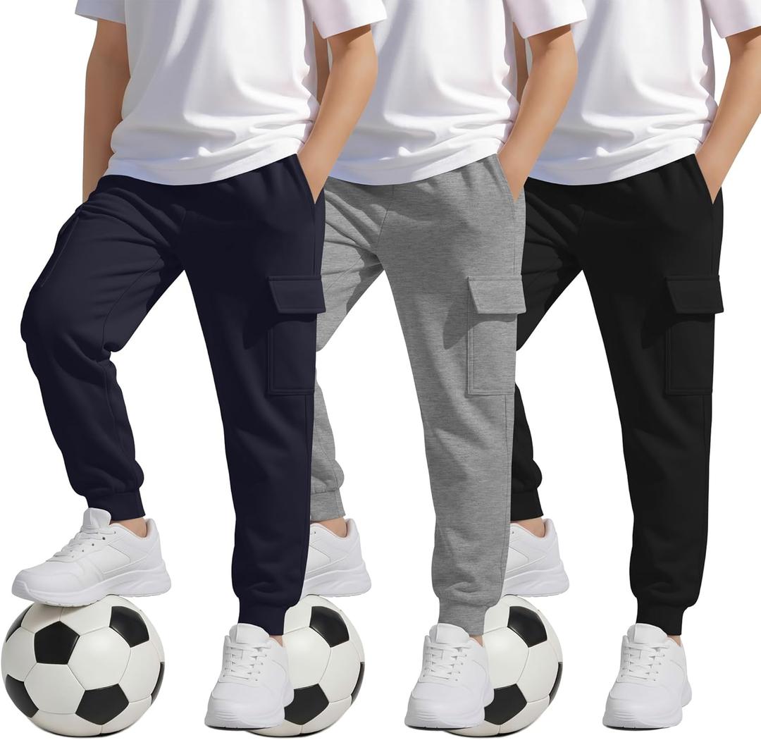 3 Pack Boys' Cargo Sweatpants Kids Casual Joggers Pants with Pockets Elastic Waist Track Cuffed Athletic Pant 5-14Y