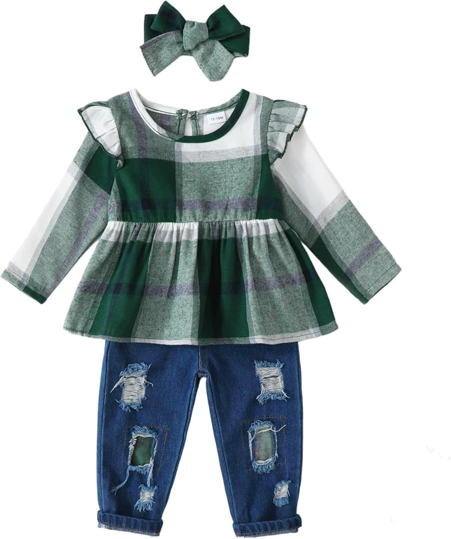 Mioglrie Toddler Baby Girl Clothes 2T 3T 4T 12 18 24 Months Toddler Fall Winter Girls Outfit Jeans Pants Clothing Set (Green Plaid, 2-3T)