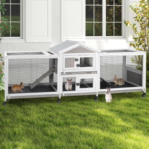 PetsCosset Double Rabbit Hutch Outdoor Indoor Large Bunny Cage with Dual Side Runs, 2-Story Wooden Hutch with 4 Leak Proof Trays, 8 Wheels, Waterproof Roof, Ramp, for Small to Medium Animals (93.0"L x 22.1"W x 35.0"H)
