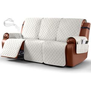 Ruaozz Waterproof Recliner Couch Covers, Sofa Slipcovers Washable 1-Piece Recliner Covers Non-Slip Furniture Protector with Elastic Straps Pocket for Kids Pets(Beige, 3 Seater)