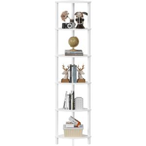Corner Shelf, 6-Tier Corner Bookshelf, Industrial Corner Ladder Shelf, DIY Storage Shelves, Modern Display Shelf for Living Room, Bedroom, Kitchen, Home Office, White UJSJ004W