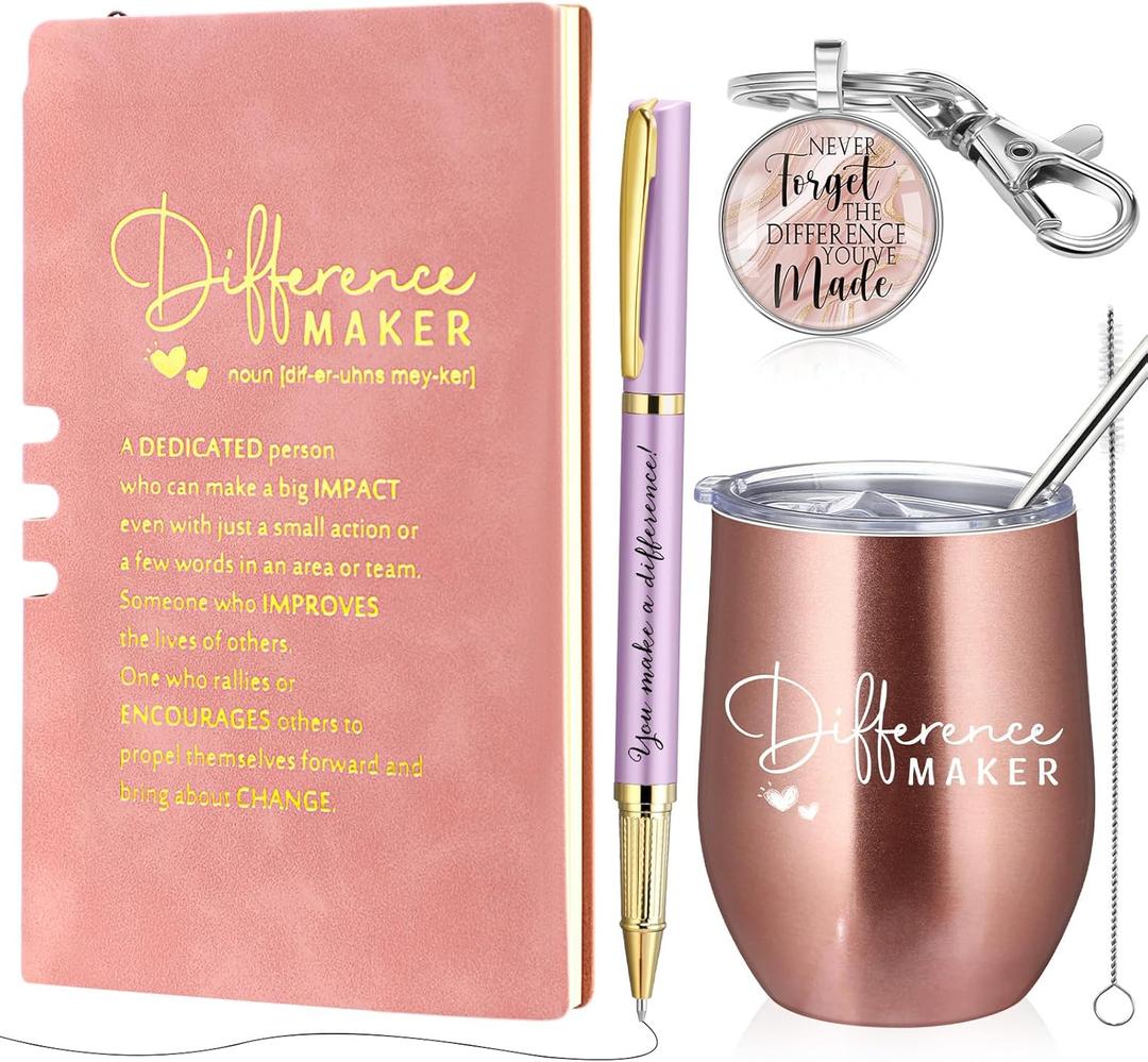 4 Pcs Difference Maker Gift Inspirational Journal Ballpoint Pen Tumbler Thank You Keychain Staff Appreciation Gifts Bulk for Women Wen Office Valentines Nurse Teacher Employee Gifts(Pink)