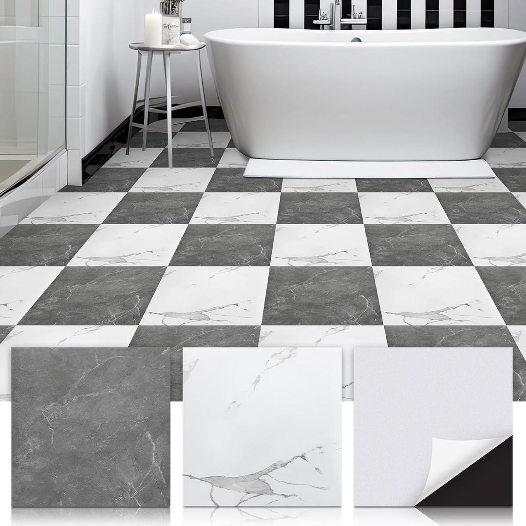 Spiareal 48 Pieces Peel and Stick Floor Tiles Vinyl Flooring 12 x 12 Inch Stick on Floor Tile Self Adhesive Waterproof DIY for Bathroom Kitchen Bedroom Living Room(Gray Marble,White Marble)