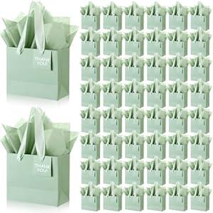 Zhanmai 100 Pcs 4.7 x 2.4 x 3.9 Inch Mini Gift Bags Bulk with Tissue Paper Kraft Paper Bag with Handle Gift Tag for Graduation, Father's Day, Birthday, 4th of July, Wedding Showers (Sage Green)