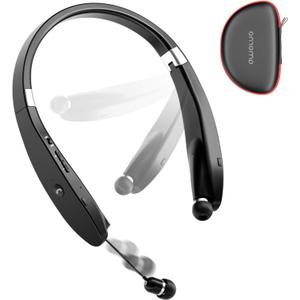 AMORNO Foldable Bluetooth Headphones Wireless Neckband Headset with Retractable Earbuds, Sports Sweatproof Noise Cancelling Stereo Earphones with Mic (Black)