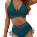 Blooming Jelly Women High Waisted Bikini Sets Tummy Control Swimsuits Color Block Two Piece Drawstring Bathing Suit (Medium,  Blue Green Mesh)