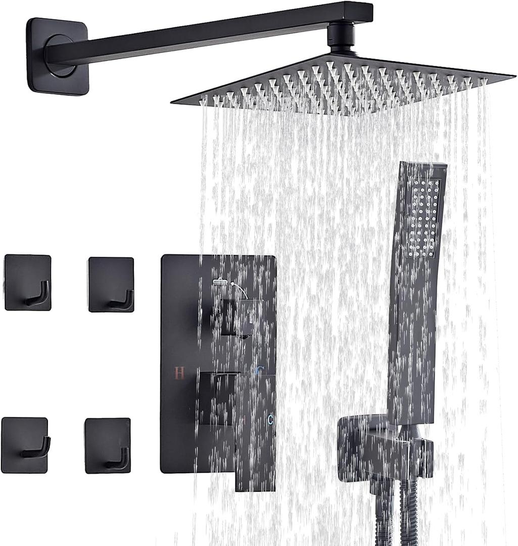 Shower Faucet Set Matte Black Complete Shower System with 8 Inches Rain Shower Head and Handheld Spray Bathroom Rain Shower Faucet Set Rainfall Shower System with Shower ValveRY3-LYQ2-Black