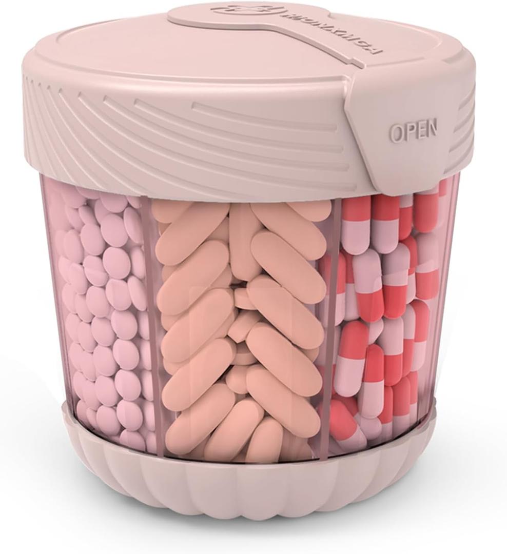 Large Pill Organizer, 7 in 1 Supplement Organizer for Travel, Portable Pill Box Case Anti-Mixing Wide-Opening, Medication Dispenser Easy to Retrieve Meds, 20 Pcs Labels, Translucent Pink