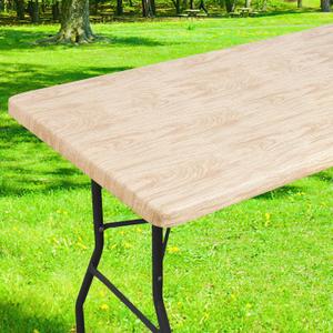 Smiry Rectangle Table Cloth Cover, Waterproof Elastic Fitted Picnic Tablecloth for 6 Foot Tables, Wipeable Flannel Backed Vinyl Tablecloths for Camping, Dining, Outdoor (Beige Wood, 30" x 72")