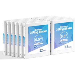 SUNEE 1/2 Inch Binders 3 Ring 12 Pack Bulk, 3 Ring Binders Clear View PVC-Free (Fit 8.5x11 Inches) for School or Office Supplies, White