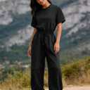 Flygo One Piece Jumpsuits for Women Crewneck Short Sleeve Casual Wide Leg Long Pants Drawstring Rompers Outfits with Pockets (Black, Small)