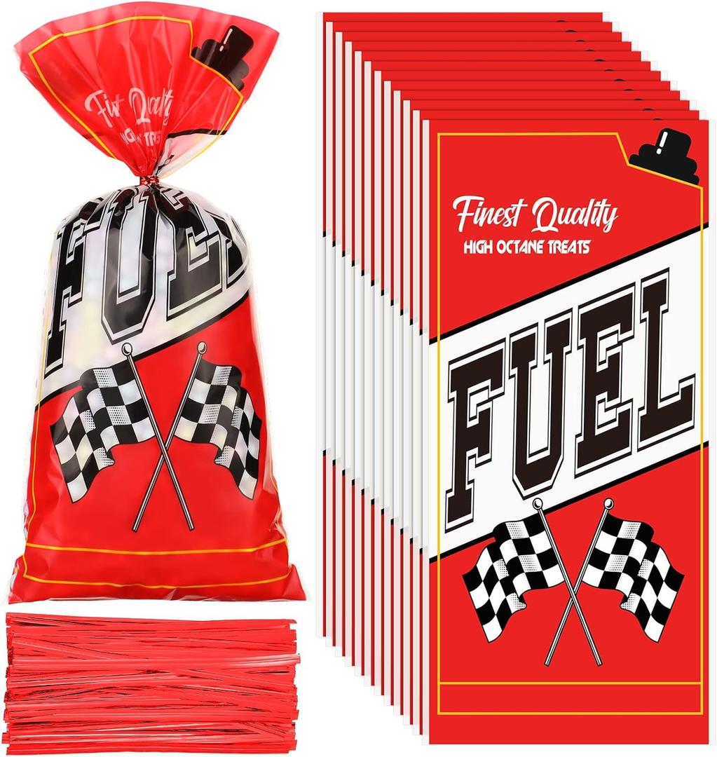 Teling 100 Pcs Race Car Fuel Can Popcorn Treat Bags Racing Car Cellophane Candy Cookie Snacks Bags with Twist Checkered Flag Themed Decorations Birthday Party Supplies