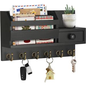 VIS'V Key Holder Wall Mount, Wooden Mail and Key Organizer with Drawer and Shelf, 2 Slots, 6 Hooks, Black