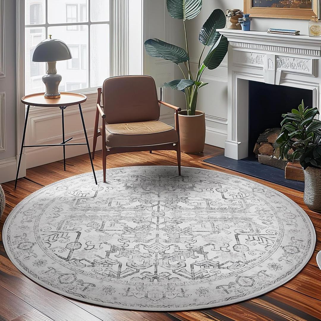 jinchan Round Rug 7ft Vintage Machine Washable Area Rug Kitchen Indoor Circle 7' Ultra-Thin Non-Slip Floral Print Carpet for Farmhouse Entryway Dining Room Living Room Bedroom Office (7'Round,Grey)
