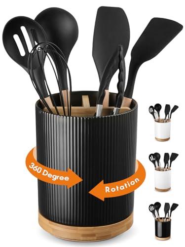 LoeJan 3 Compartment Utensil Holder, Extra Large Utensil Crock, Stable Ceramic Utensil Organizer, Cooking Tool Organizer Set for Kitchen Counter Farmhouse Decor (B-Black(Vertical Stripe))