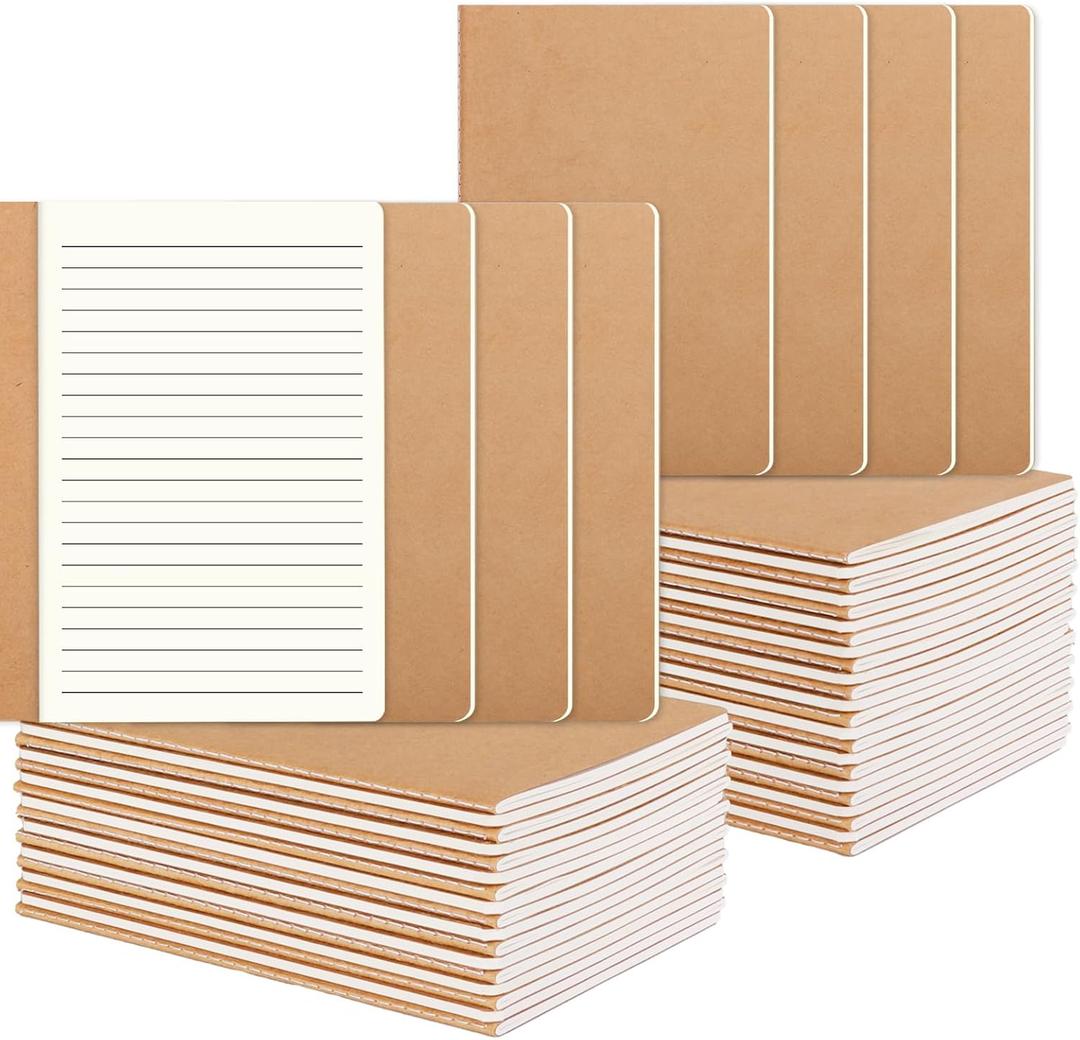 48 Pack Lined Journal Notebook Kraft Brown Cover Lined Notebooks for Travelers, Students, Office - Composition Notebook Subject Notebooks - A5 Size, 8.26x5.5, 64 Lined Pages/32 Sheets