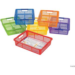 Fun Express Stackable Storage Bins 13x9.75x3 Inch - 6 Pack Colorful Plastic Storage Baskets with Handles for Classroom Organization | Paper Trays for Teachers, Office Storage & Home Organizing