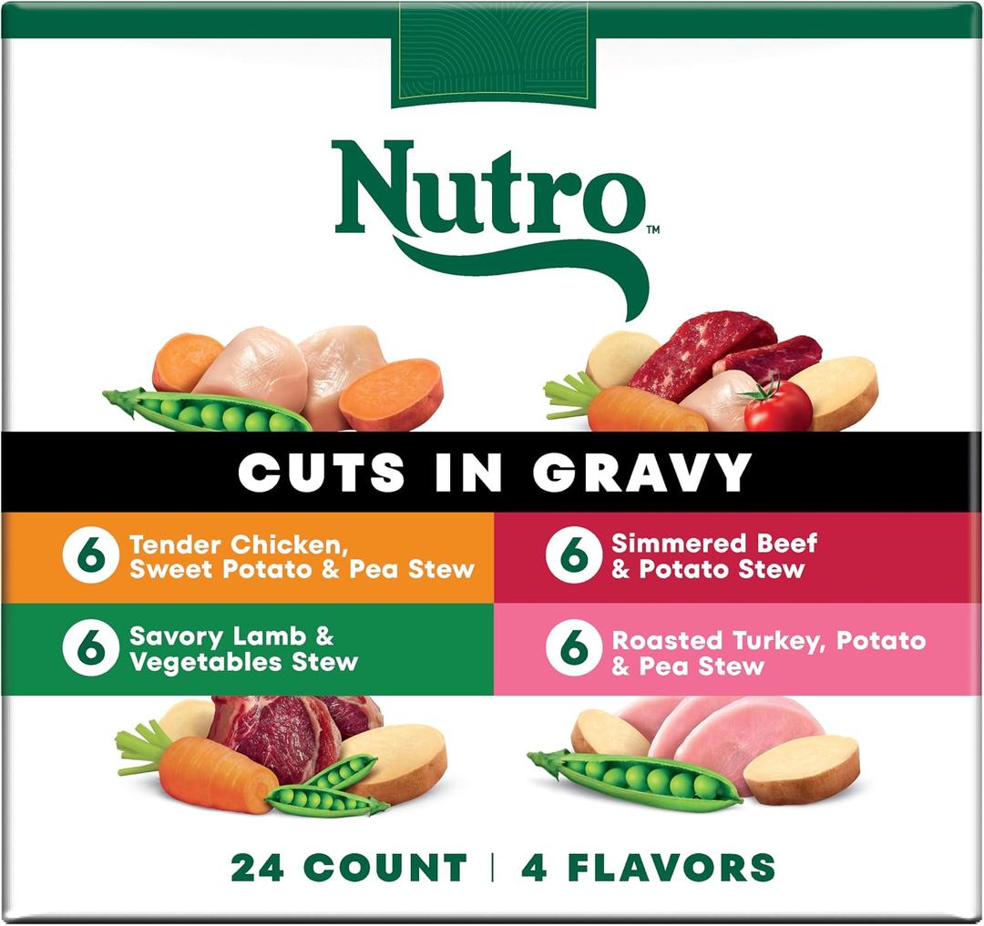Nutro Natural Choice Cuts in Gravy Wet Dog Food, Grain Free Dog Food Wet Turkey, Chicken, Lamb, Beef Recipes Variety Pack, 3.5 oz. Trays (24 Count, Pack of 1) (EXP 01/31/28)