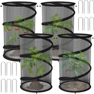 4 Pack Pop up Plant Guard Covers Tent from Animals Black, 19.6" x 11.8" Foldable Plant Protectors Mesh Net, Garden Plant Enclosure Protection Cage with Stakes & Carry Bag for Outdoor Plants