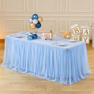 6ft Baby Blue Tulle Tablecloths for Rectangle Tables Light Blue Rectangular Table Cloth Wrinkle Free 6 Foot Table Cover with Tutu Skirt for Baby Shower Boy Birthday Party Banquet Buffet Cake (72" x 30" (6FT - 1 Pack))