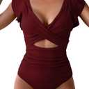 B2prity Women's One Piece Swimsuit Ruffle Cutout Bathing Suits Slimming Tummy Control V Neck Wrap Swimwear (Medium, Burgundy Ribbed)